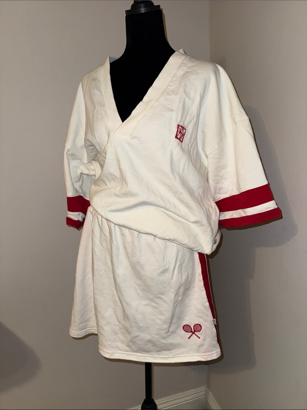 Cream and Red Women's Two-Piece Pajama Set — V-Neck Top & Skirt